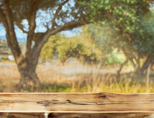 Empty wooden board or table top and blurred olive orchard at the background. Empty place for product display.