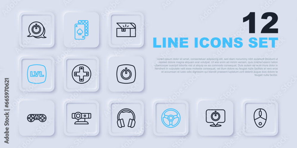 Poster Set line Power button, Computer mouse, Game controller or joystick, Racing simulator, Level game, Web camera, Playing cards and Headphones icon. Vector