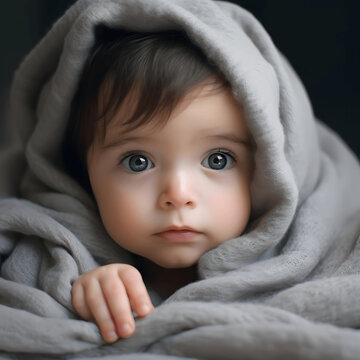 Photo of a baby's curious eyes peering out from behind a soft blanket, taken with a portrait lens Generative AI