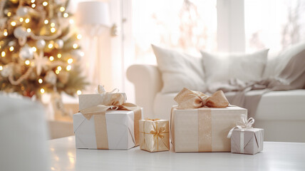 Close-Up of Wrapped Christmas Gifts in a Festive Living Room. Generative AI