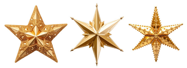 Christmas decorations gold stars on white transparent background - obrazy, fototapety, plakaty