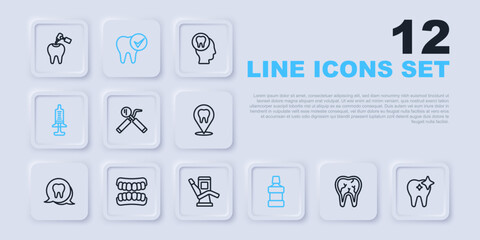 Set line Broken tooth, Tooth whitening, Dental mirror and probe, Mouthwash, Syringe, Dentures model, and Medical dental chair icon. Vector