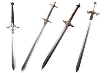 Medieval style silver long sword on white transparent background