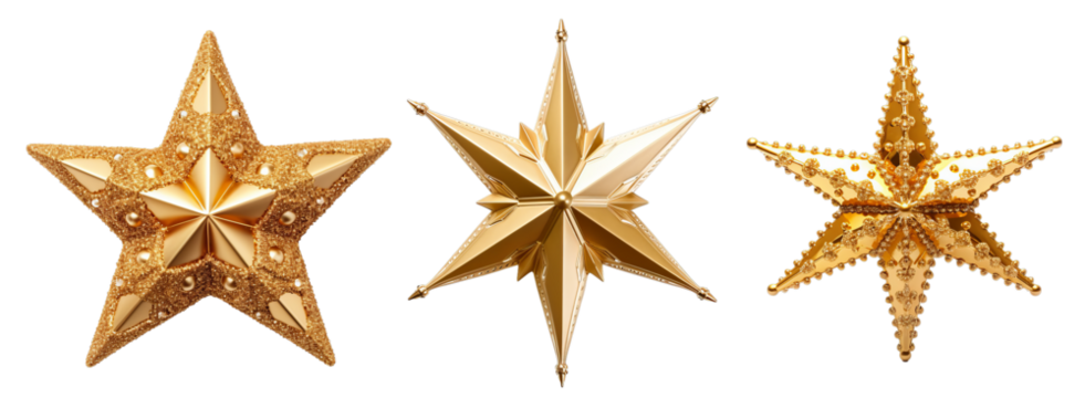 Christmas decorations gold stars on white transparent background