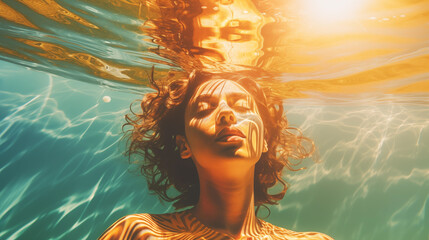 woman underwater closed eyes, with sunlight shining on face through ripples at surface - obrazy, fototapety, plakaty