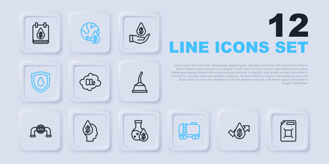 Set line Oil price increase, Canister for gasoline, CO2 emissions cloud, railway cistern, drop shield, with dollar symbol, and petrol test tube icon. Vector
