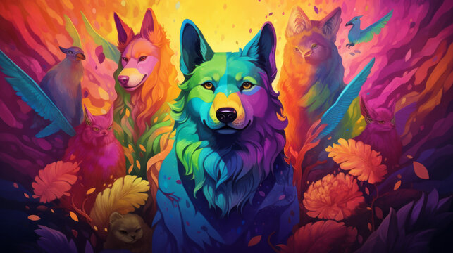 Fantasy abstract art of a wolve in rainbow colors