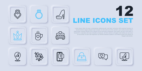 Set line Heart in speech bubble, Woman shoe, Coffee cup and heart, Handbag, King crown, Diamond, engagement ring and Mobile with icon. Vector