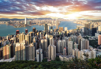 Hong Kong skyline panorama at dramatic sunset, China - Asia