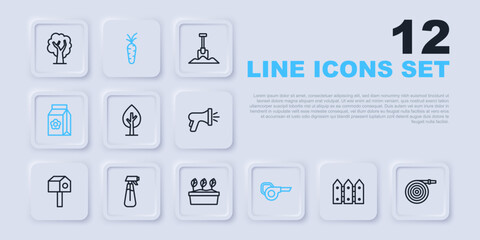 Set line Garden fence wooden, hose, Tree, Leaf garden blower, Pack full of seeds, sprayer for water, Carrot and Plant in pot icon. Vector