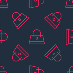 Red line Handbag icon isolated seamless pattern on black background. Female handbag sign. Glamour casual baggage symbol. Vector