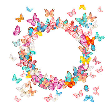 watercolor wreath with flying colorful different colors butterflies. isolated  round frame.  multicolor butterfly
