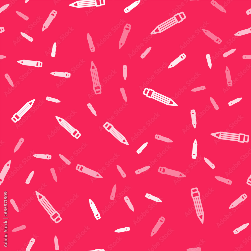 Poster white line pencil with eraser icon isolated seamless pattern on red background. drawing and educatio