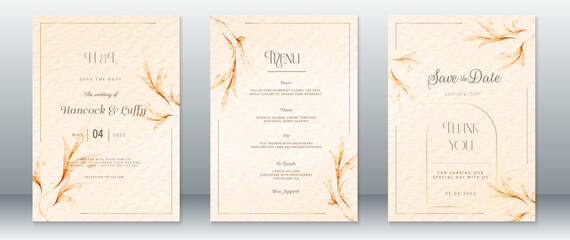 Fototapeta premium Wedding invitation card template luxury gold design with nature leaf and watercolor background