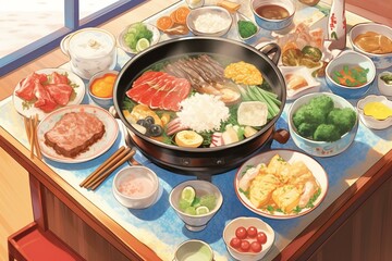 Popular home-cooked dishes illustration ② (Sukiyaki, Yakiniku, Curry Rice, Tonjiru, Onigiri). Generative AI