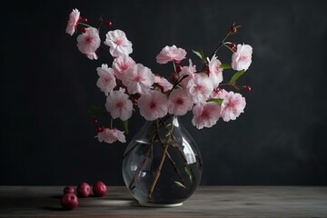 Bouquet of blooming cherry sakura in vase against gray backdrop, representing spring as a Japanese still life. Generative AI