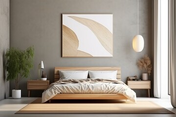 Modern bedroom composition with a stylish design, including a mock-up poster frame, wooden night table, bed, folding screen, and personal accessories. The wall features eucalyptus, and. Generative AI