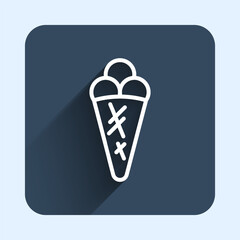 White line Ice cream in waffle cone icon isolated with long shadow background. Sweet symbol. Blue square button. Vector