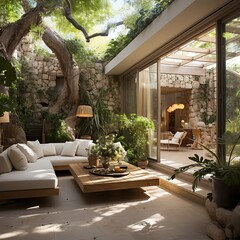 natural secret garden indoor courtyard of mediterranean minimalist house.