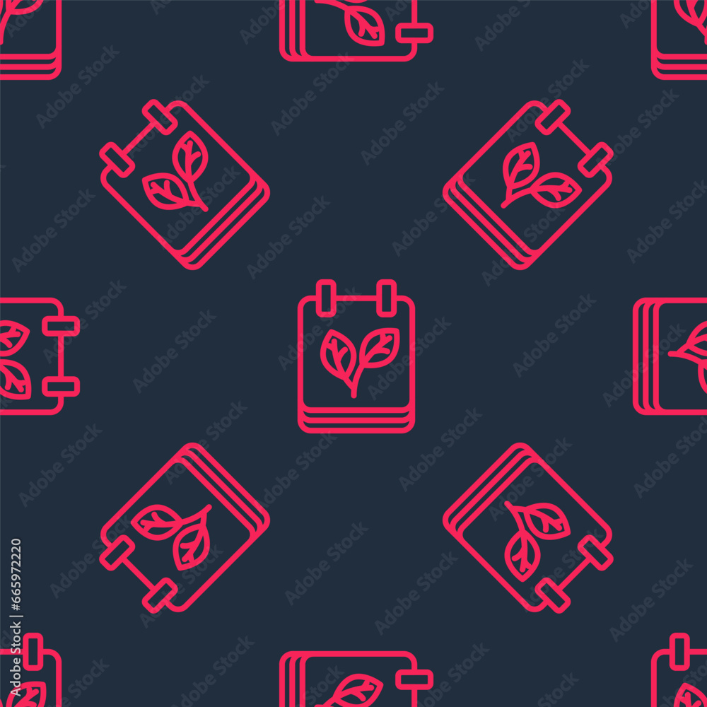 Poster red line calendar with autumn leaves icon isolated seamless pattern on black background. vector
