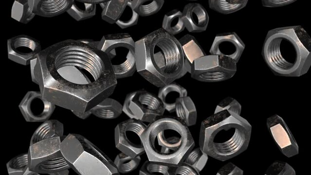 Falling rotating screw nuts. Alpha channel. Seamless loop