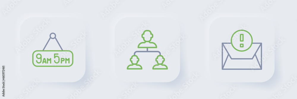 Aufkleber set line envelope, employee hierarchy and from 9 to 5 job icon. vector