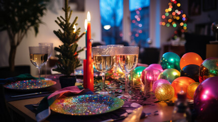 Beautifully arranged christmas decoration in rainbow colors, generated with ai.