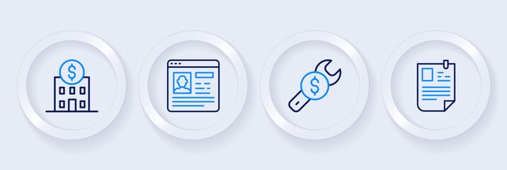 Set line Resume, Repair price, and Bank building icon. Vector