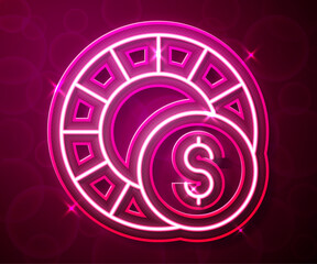 Glowing neon line Casino chips icon isolated on red background. Casino gambling. Vector