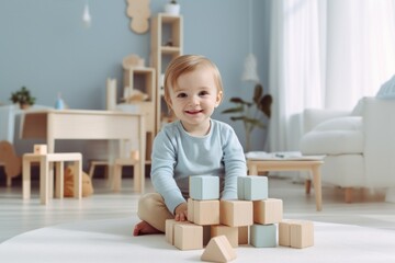 Child plays with colorful building blocks in his living room