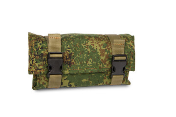  The rifle cartridge bag in folded form. Isolated on white.  Camouflage pattern. 