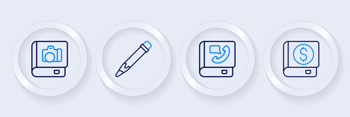 Set line Financial book, Phone, Pencil with eraser and Photo album gallery icon. Vector