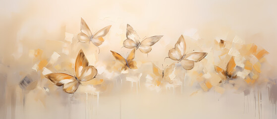 Beautiful butterflies, stunning airy and dreamy watercolor, soft faded colors in beige white and gold tones