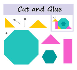 Educational paper game for kids. Cut parts of the image and glue on the paper. Cartoon snail.