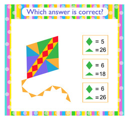 Math activity for kids. Need to find the correct answer. Cartoon kite.