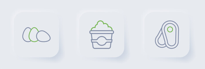 Set line Steak meat, Popcorn in cardboard box and Chicken egg icon. Vector