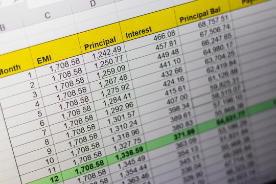 Laptop showing an excel sheet on the screen with bank loan amortization table. Finance