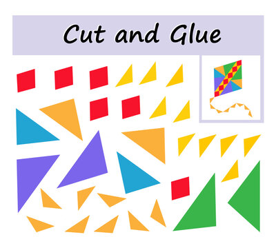 Educational paper game for kids. Cut parts of the image and glue on the paper. Cartoon kite.