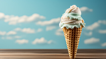 ice cream in the cone on pastel light blue background,