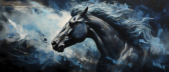 Blue horse in side view, only blue and black, dynamic action style, black background painted with oil paint - obrazy, fototapety, plakaty