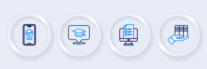 Set line Book donation, Online quiz, test, survey, Graduation cap speech bubble and icon. Vector