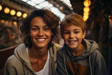 Naklejka premium Close-up portrait of a beautiful woman and her son riding an amusement park ride. Cheerful, smiling mother and boy relaxing and enjoying time. Shared leisure and entertainment strengthens family ties.