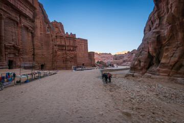 Streets of Facades in the historic and archaeological city of Petra, Jordan with souvenir stalls