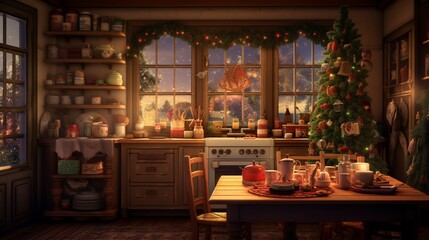 A rustic kitchen, where a family gathers to bake holiday cookies, surrounded by the warmth of Christmas lights.