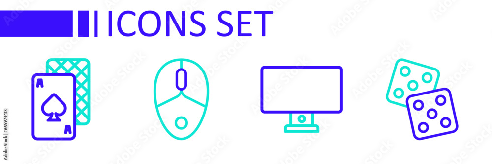 Poster set line game dice, computer monitor, mouse and playing cards icon. vector