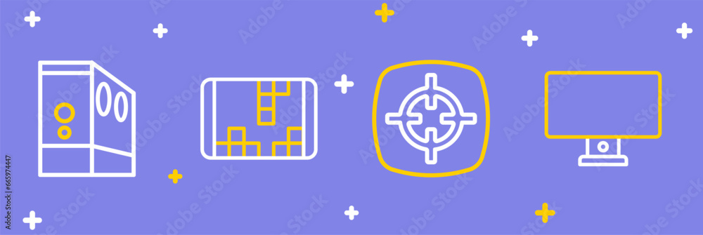 Poster set line computer monitor, target sport, portable video game console and case of computer icon. vect
