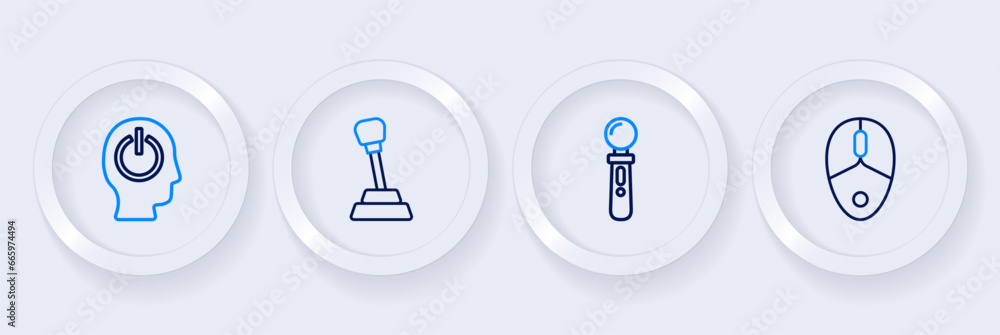 Poster set line computer mouse, vr controller game, gear shifter and power button icon. vector