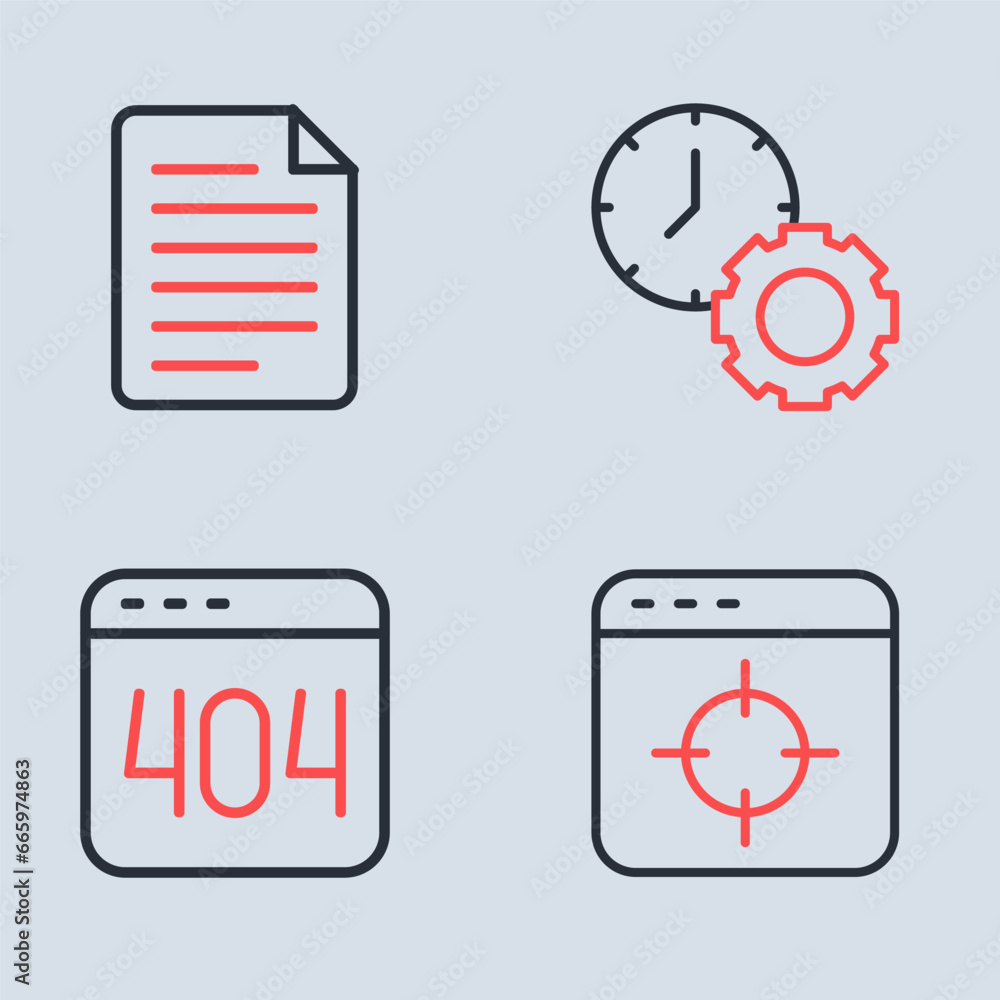 Aufkleber set line time management, page with 404 error, target financial goal and file document icon. vector