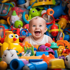 Fototapeta na wymiar Photo of a giggling baby surrounded by colorful toys, taken with a wide-angle lens Generative AI