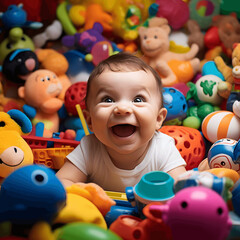 Fototapeta na wymiar Photo of a giggling baby surrounded by colorful toys, taken with a wide-angle lens Generative AI